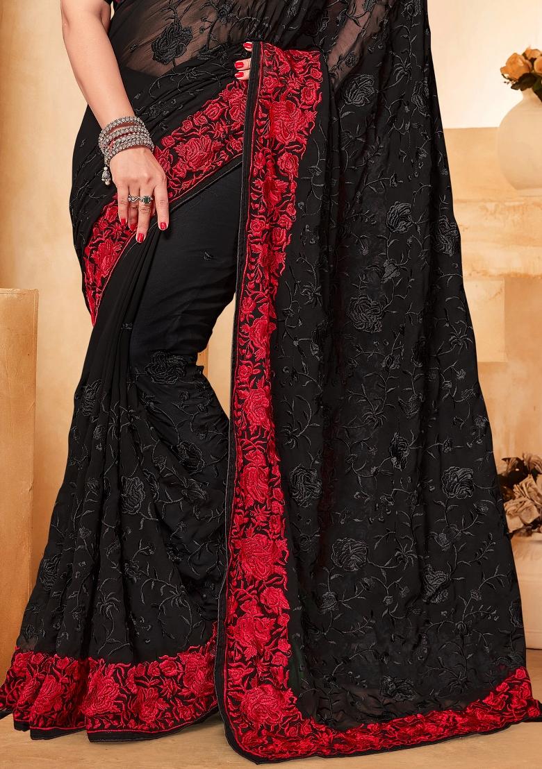 Black Embroidered Georgette Saree Set - Indya