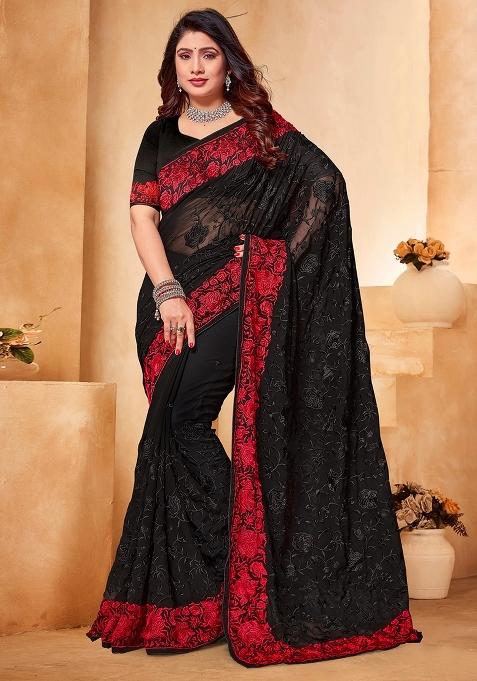 Black Embroidered Georgette Saree Set