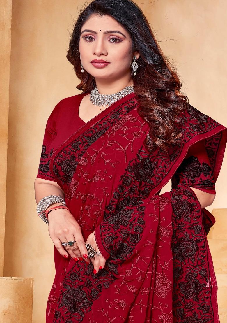 Maroon Embroidered Georgette Saree Set - Indya