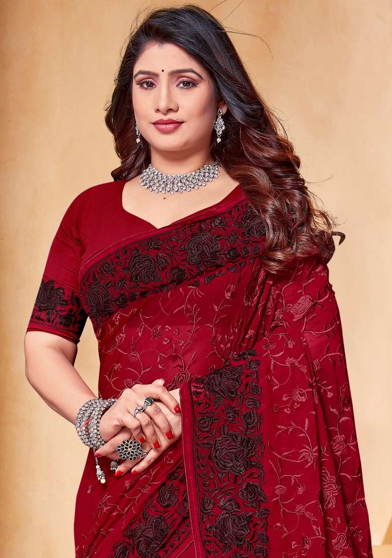 Maroon Georgette Saree Set with Embroidered for Diwali | Wedding & Festive Wear - Indya