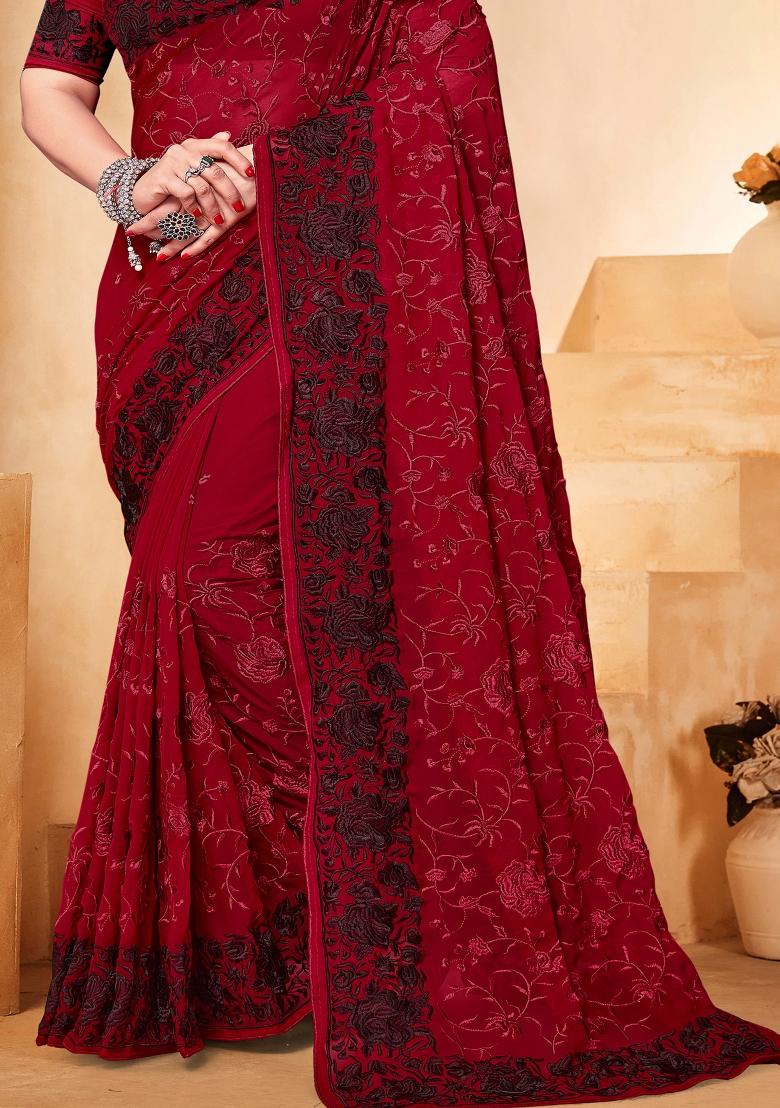 Maroon Embroidered Georgette Saree Set - Indya