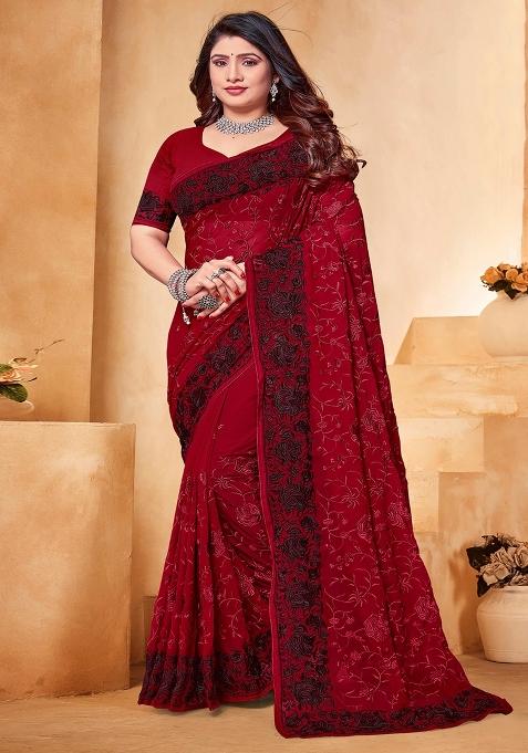 Maroon Embroidered Georgette Saree Set
