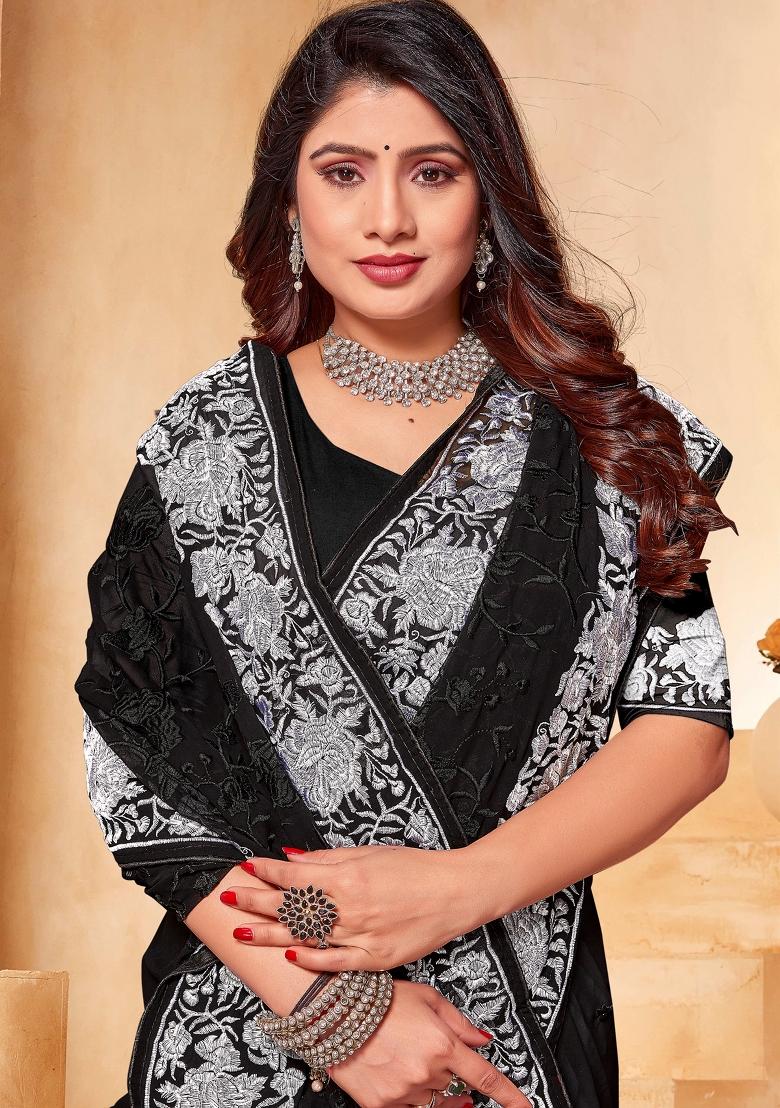 Black Embroidered Georgette Saree Set - Indya