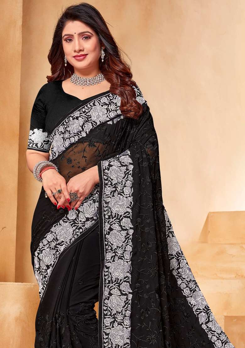 Black Embroidered Georgette Saree Set for Diwali and Festive Wear - Indya