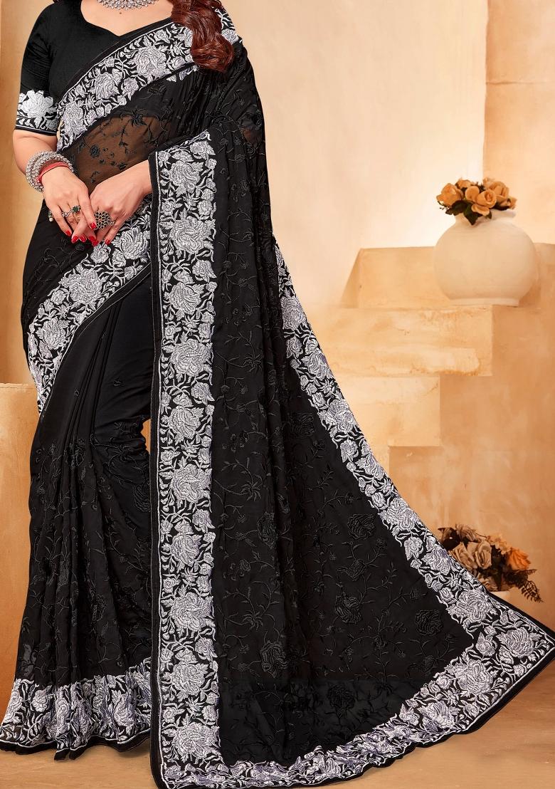 Black Embroidered Georgette Saree Set - Indya