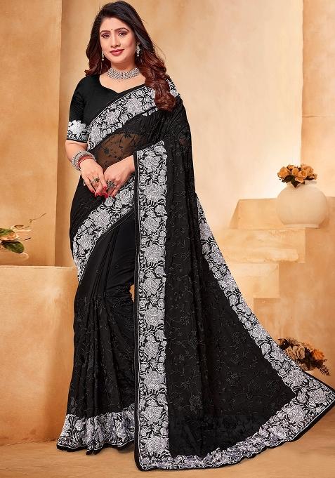 Black Embroidered Georgette Saree Set