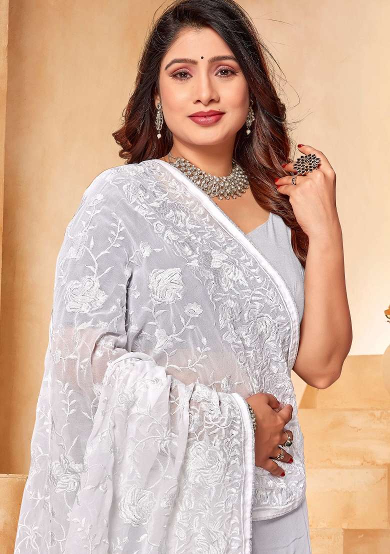 White Embroidered Georgette Saree Set - Indya