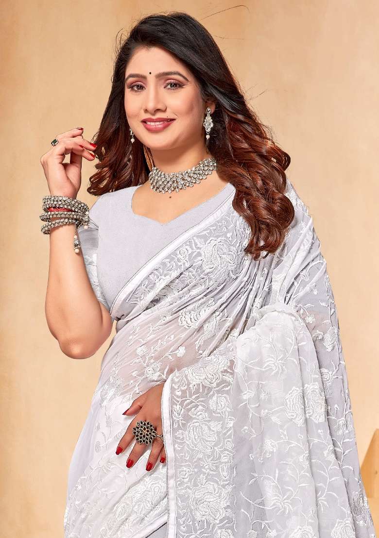 White Embroidered Georgette Saree Set for Diwali and Festive Wear - Indya
