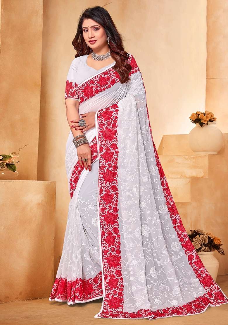 White Georgette Saree Set with Embroidered for Diwali | Wedding & Festive Wear - Indya