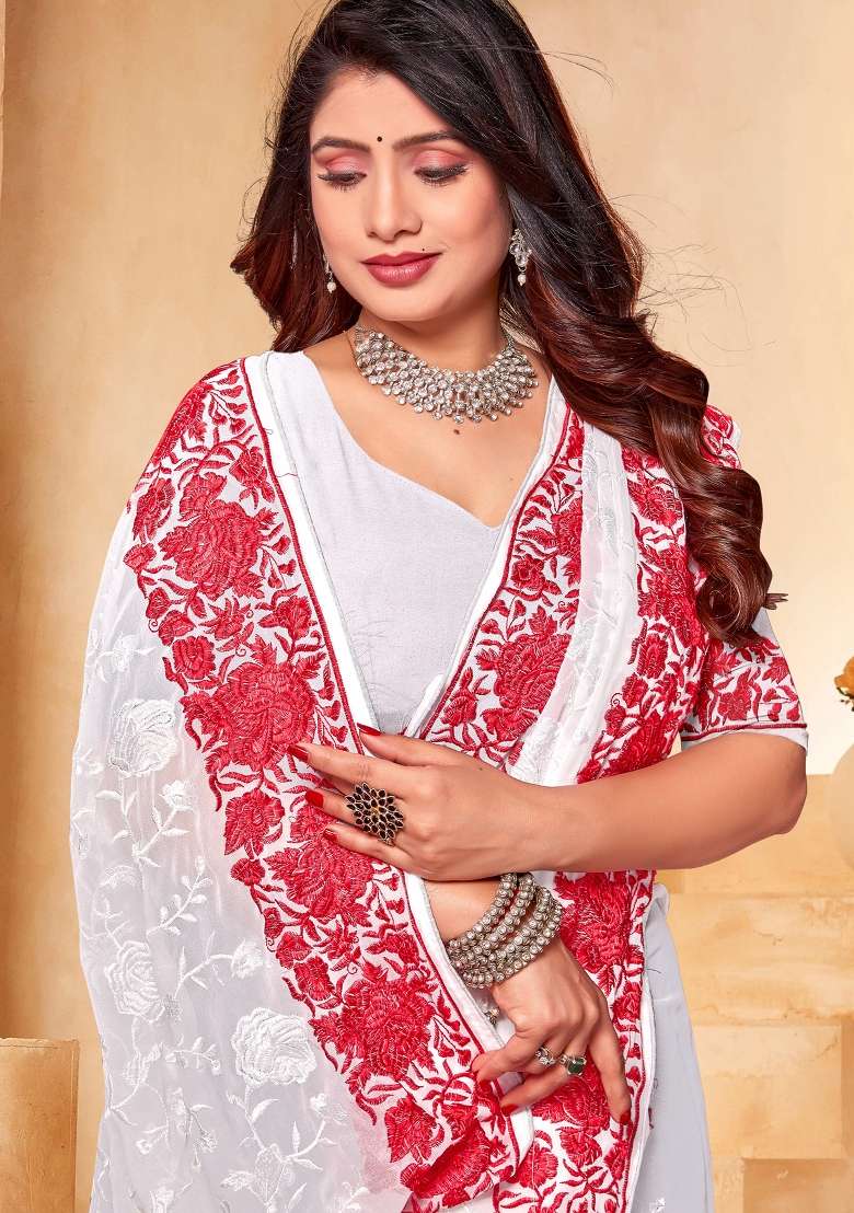 White Embroidered Georgette Saree Set - Indya