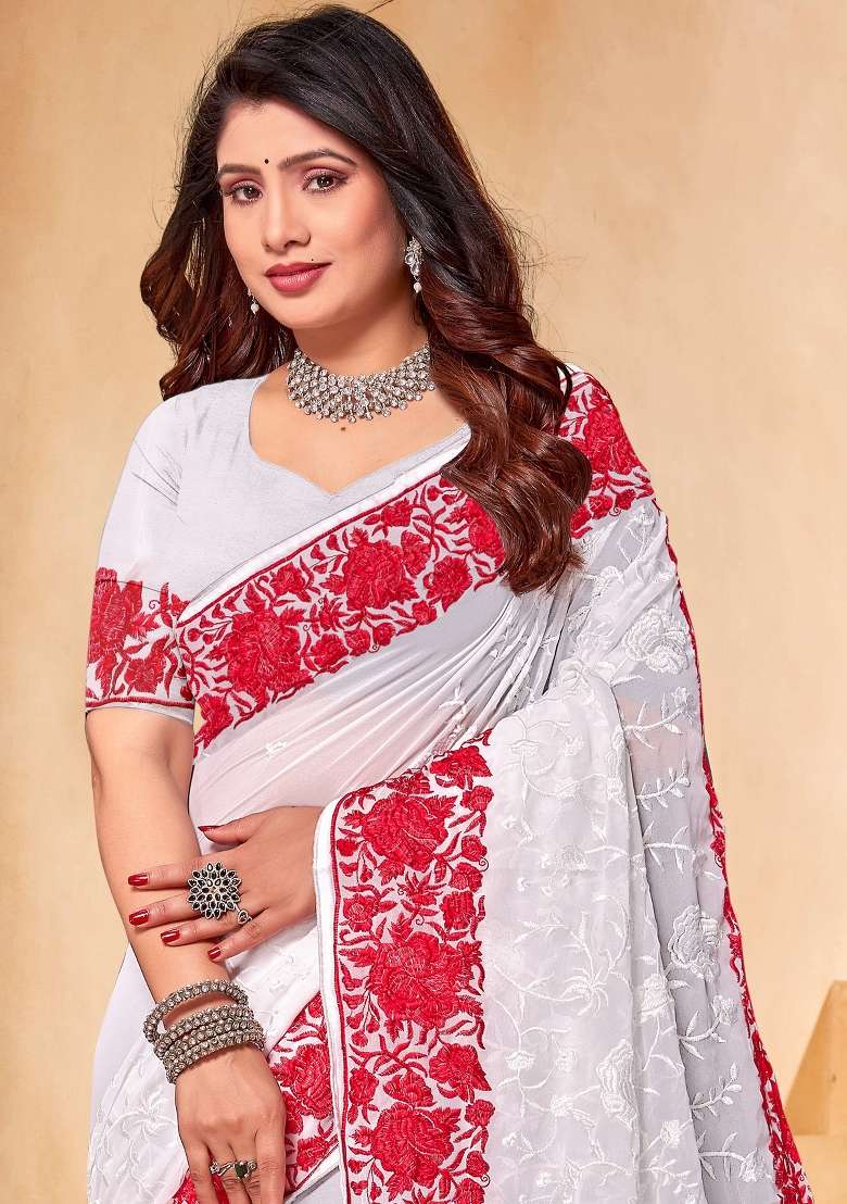 White Georgette Saree Set with Embroidered for Diwali | Wedding & Festive Wear - Indya