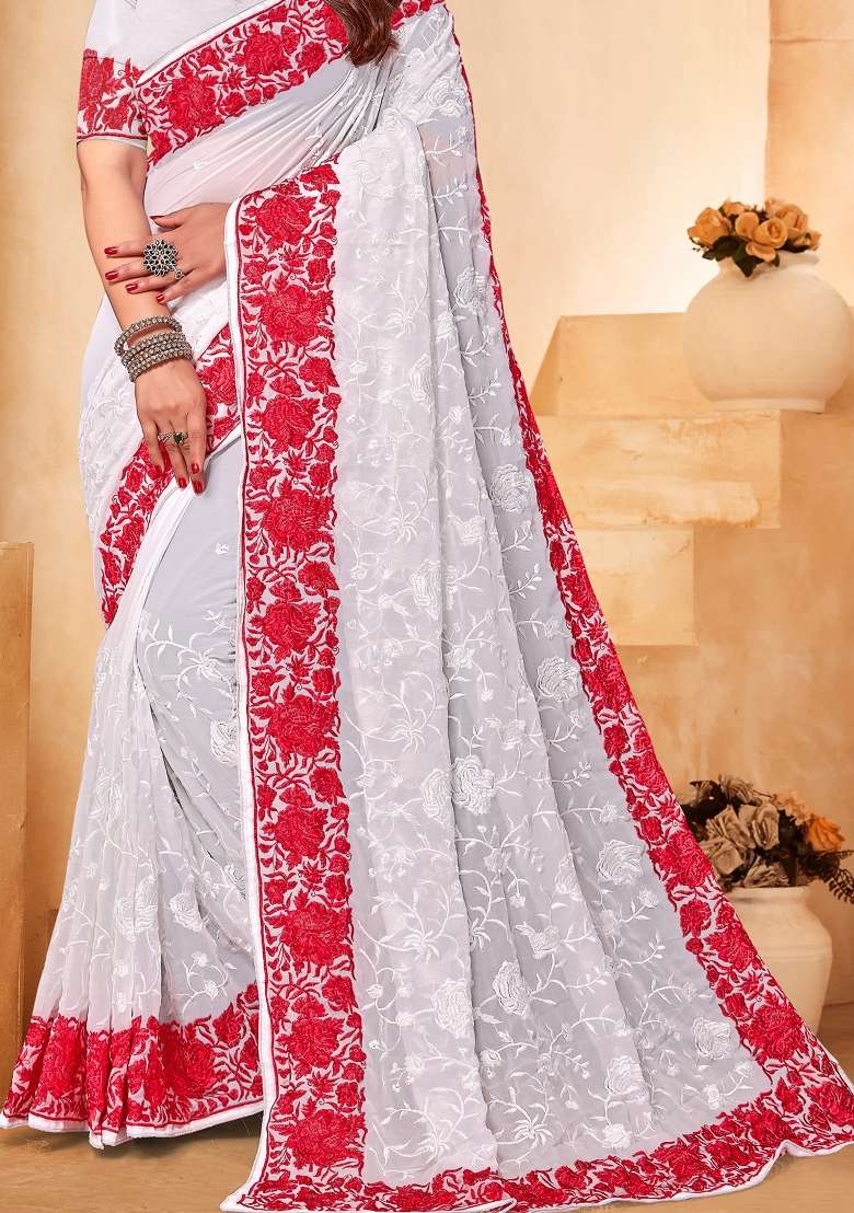 White Embroidered Georgette Saree Set - Indya