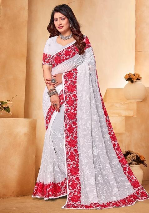 White Embroidered Georgette Saree Set