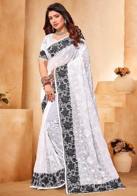 White Embroidered Georgette Saree Set