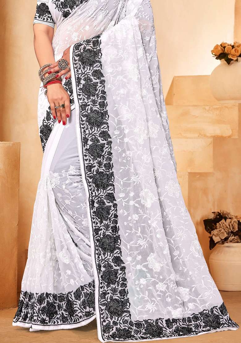 White Embroidered Georgette Saree Set - Indya