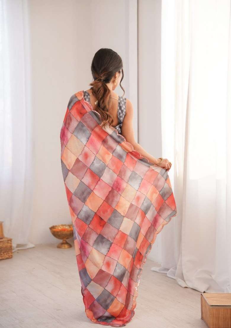 Coral Printed Silk Saree Set for Diwali and Festive Wear - Indya
