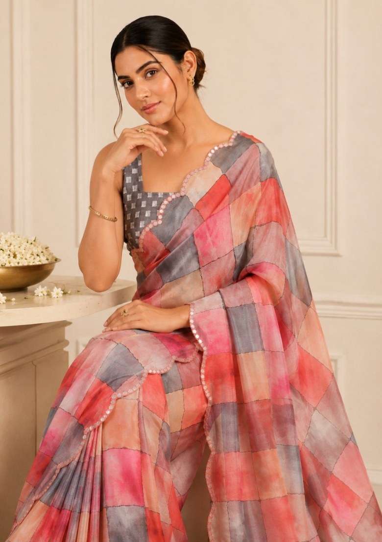 Coral Printed Silk Saree Set for Diwali and Festive Wear - Indya