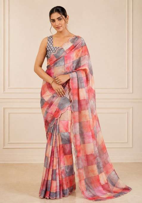 Coral Printed Silk Saree Set for Diwali and Festive Wear