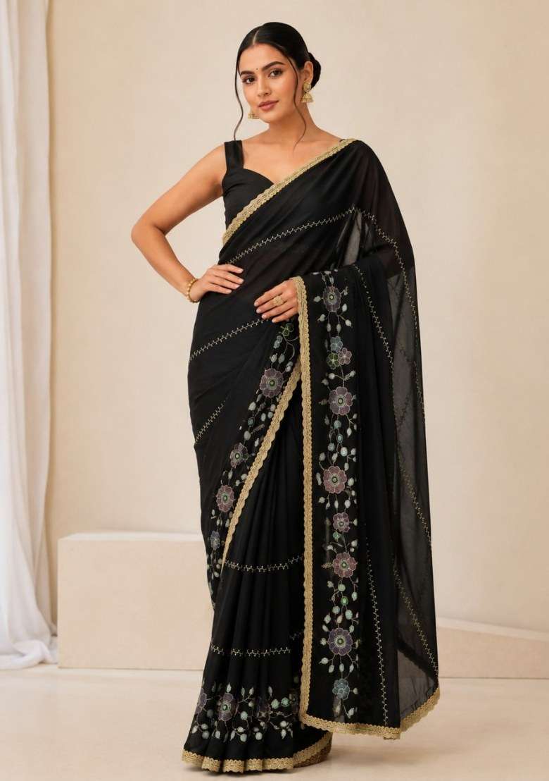 Black Embroidered Georgette Saree Set for Diwali and Festive Wear - Indya