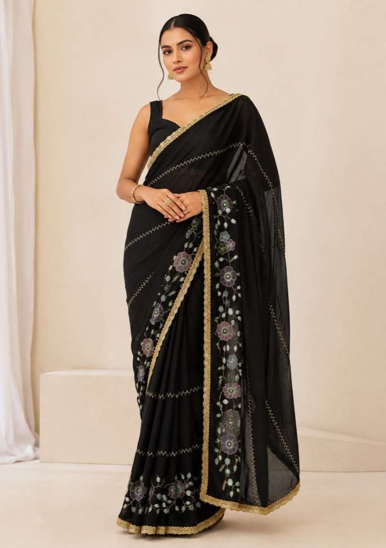 Black Embroidered Georgette Saree Set for Diwali and Festive Wear - Indya