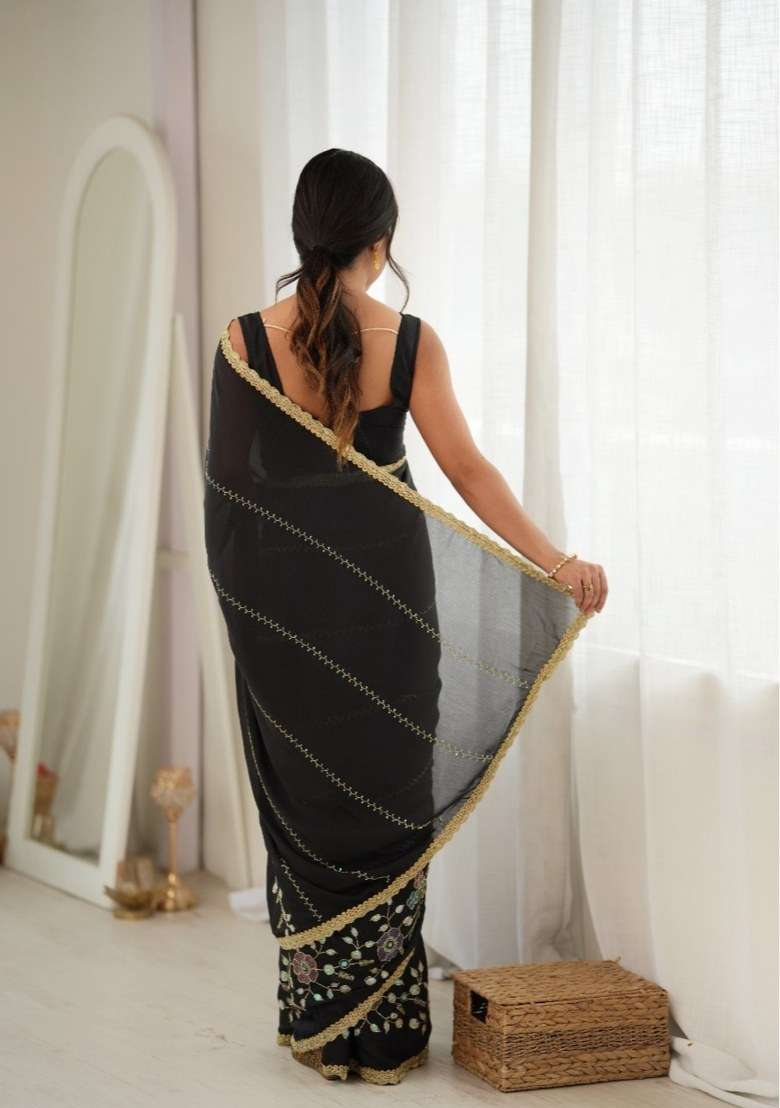 Black Embroidered Georgette Saree Set for Diwali and Festive Wear - Indya