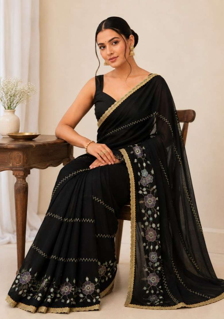 Black Embroidered Georgette Saree Set for Diwali and Festive Wear - Indya