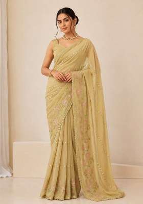 Cream Embroidered Georgette Saree Set for Diwali and Festive Wear