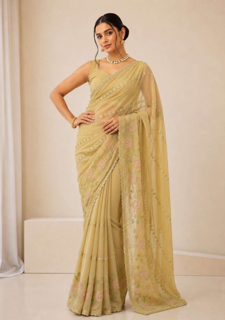 Cream Embroidered Georgette Saree Set for Diwali and Festive Wear - Indya