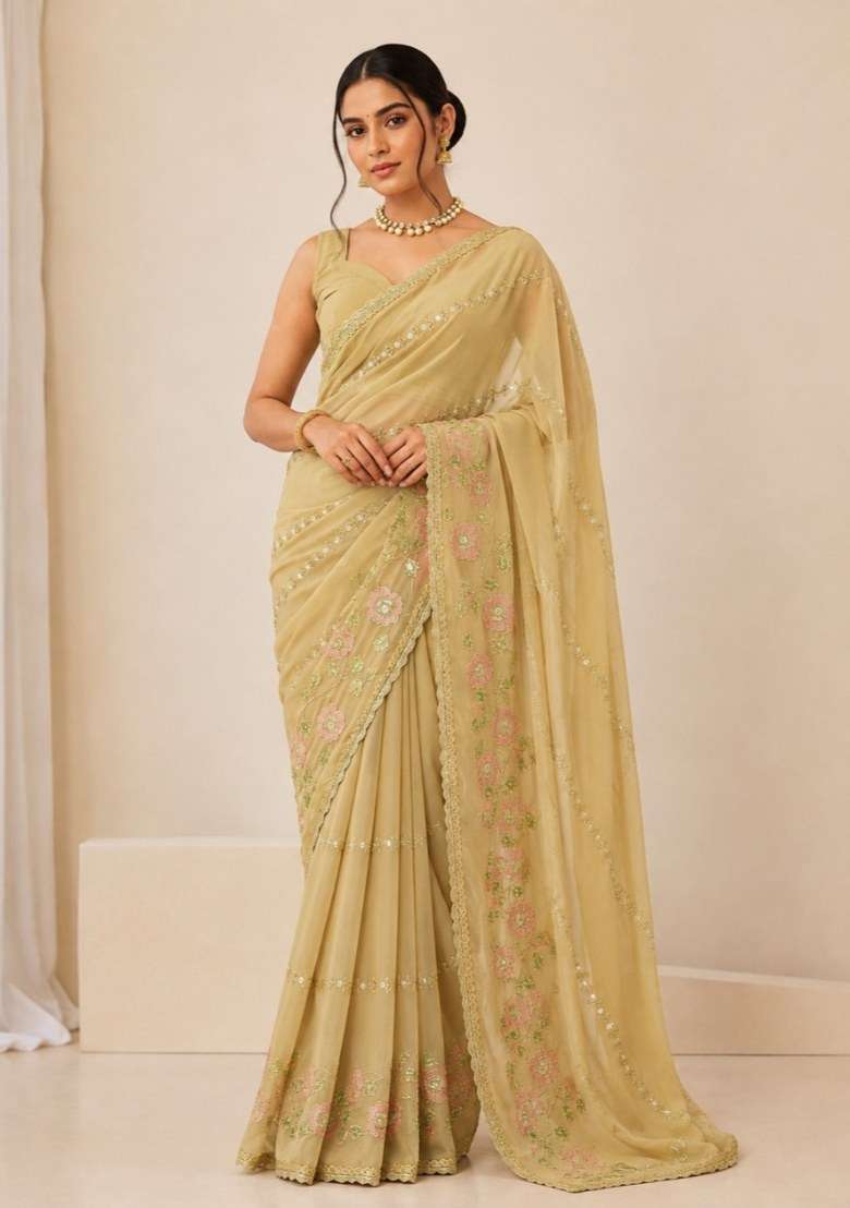 Green Embroidered Georgette Saree Set for Diwali and Festive Wear - Indya