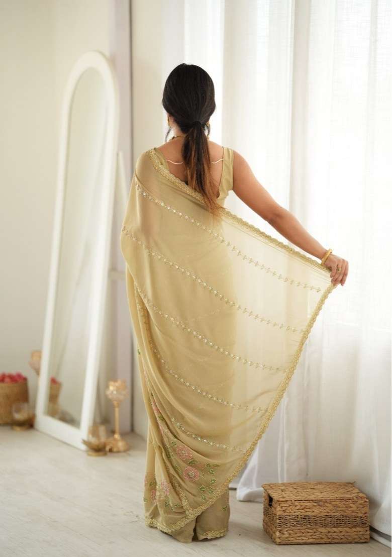 Green Embroidered Georgette Saree Set for Diwali and Festive Wear - Indya