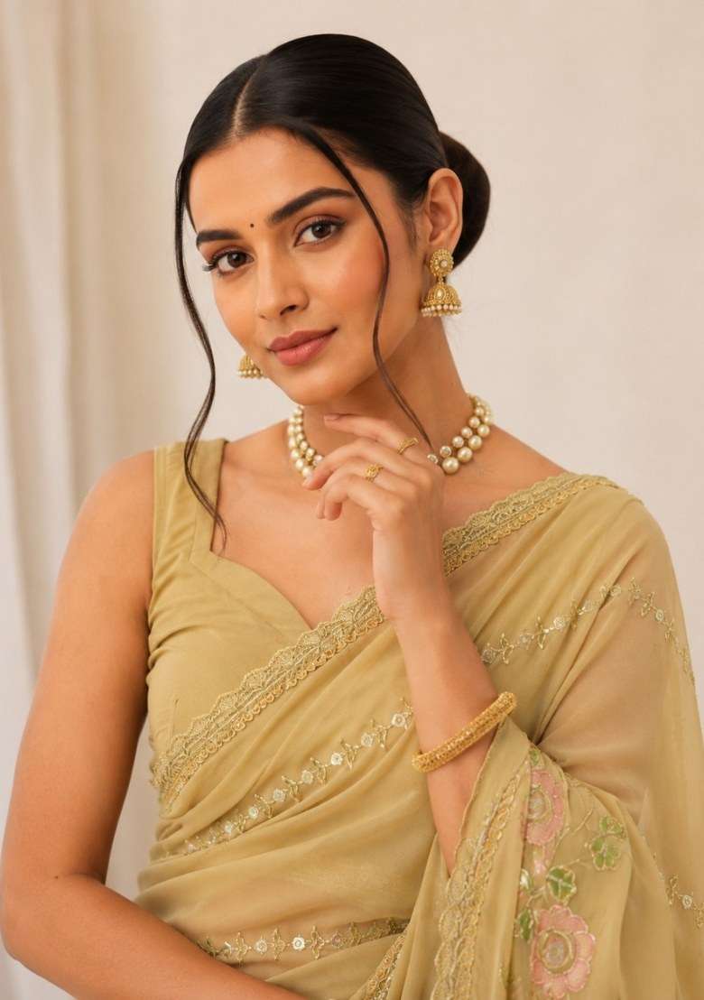 Green Embroidered Georgette Saree Set for Diwali and Festive Wear - Indya