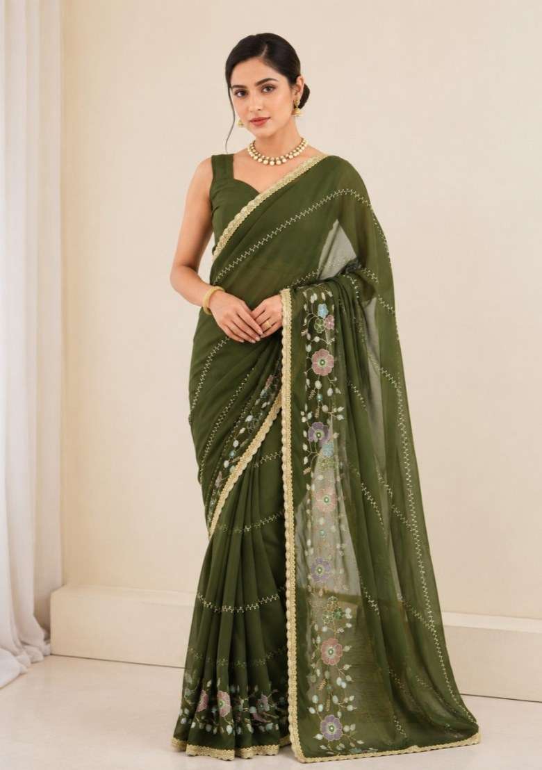 Pink Embroidered Georgette Saree Set for Diwali and Festive Wear - Indya