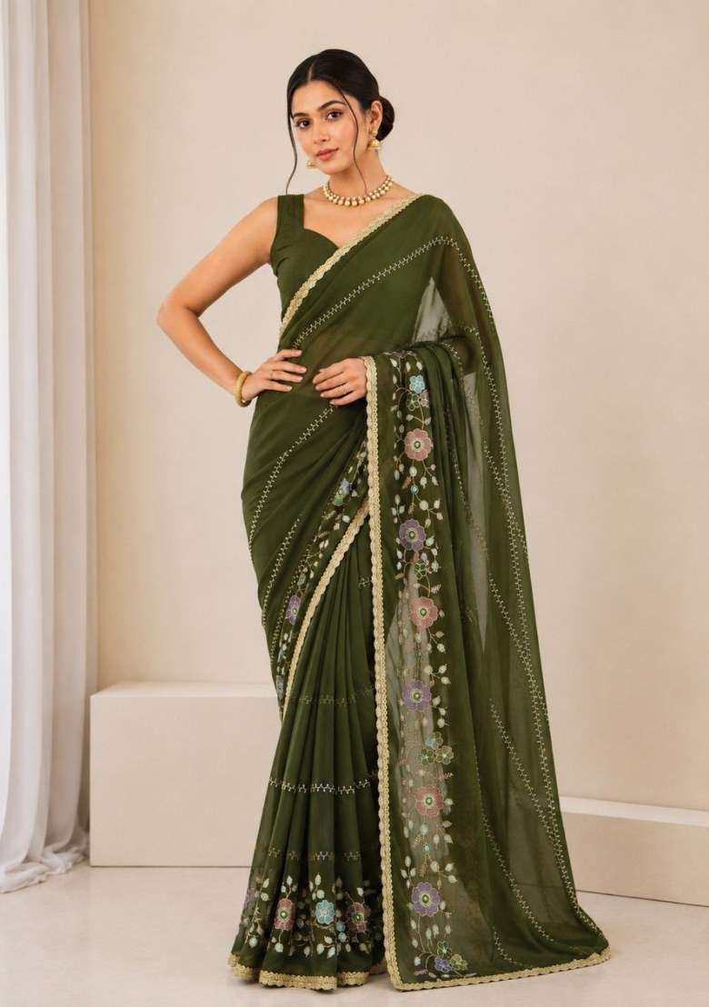 Pink Embroidered Georgette Saree Set for Diwali and Festive Wear - Indya