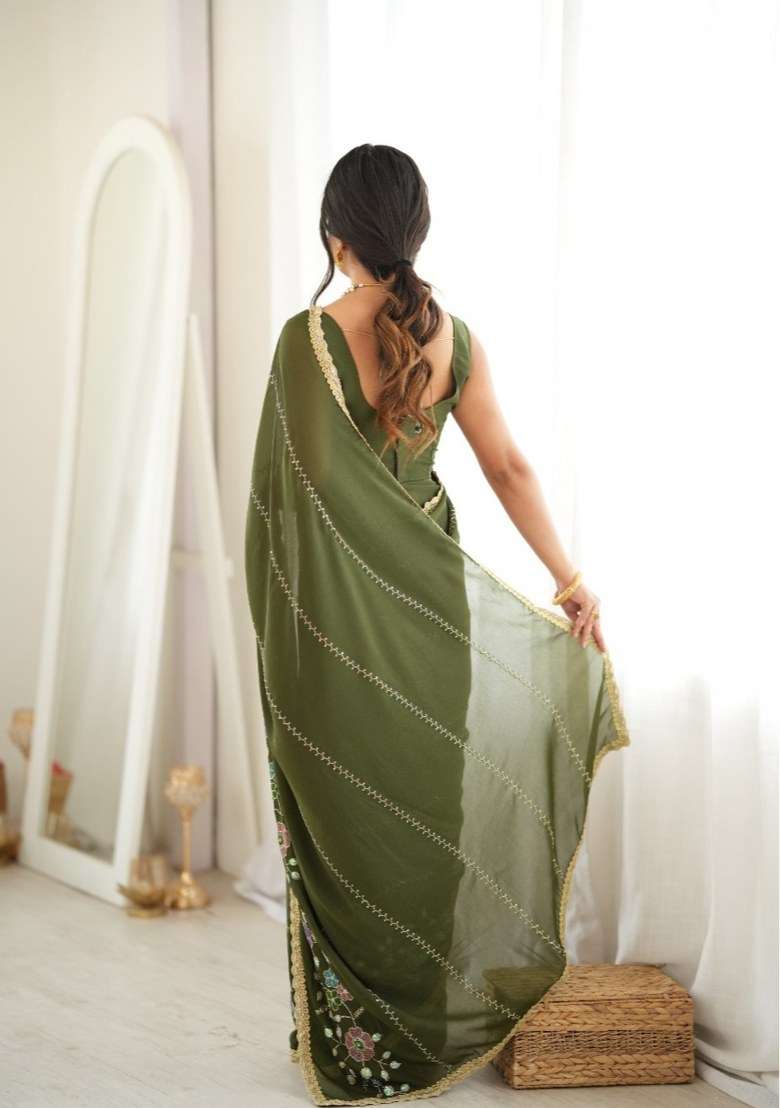 Pink Embroidered Georgette Saree Set for Diwali and Festive Wear - Indya