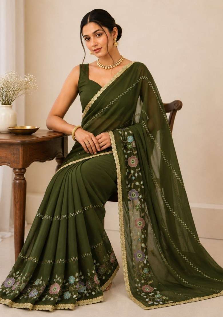 Pink Embroidered Georgette Saree Set for Diwali and Festive Wear - Indya