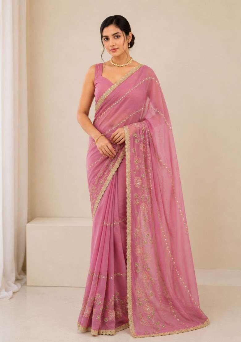 Teal Embroidered Georgette Saree Set for Diwali and Festive Wear - Indya