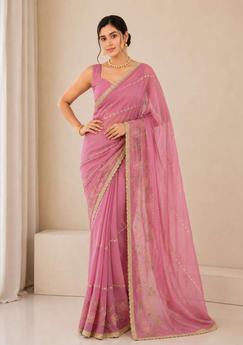 Teal Embroidered Georgette Saree Set for Diwali and Festive Wear - Indya