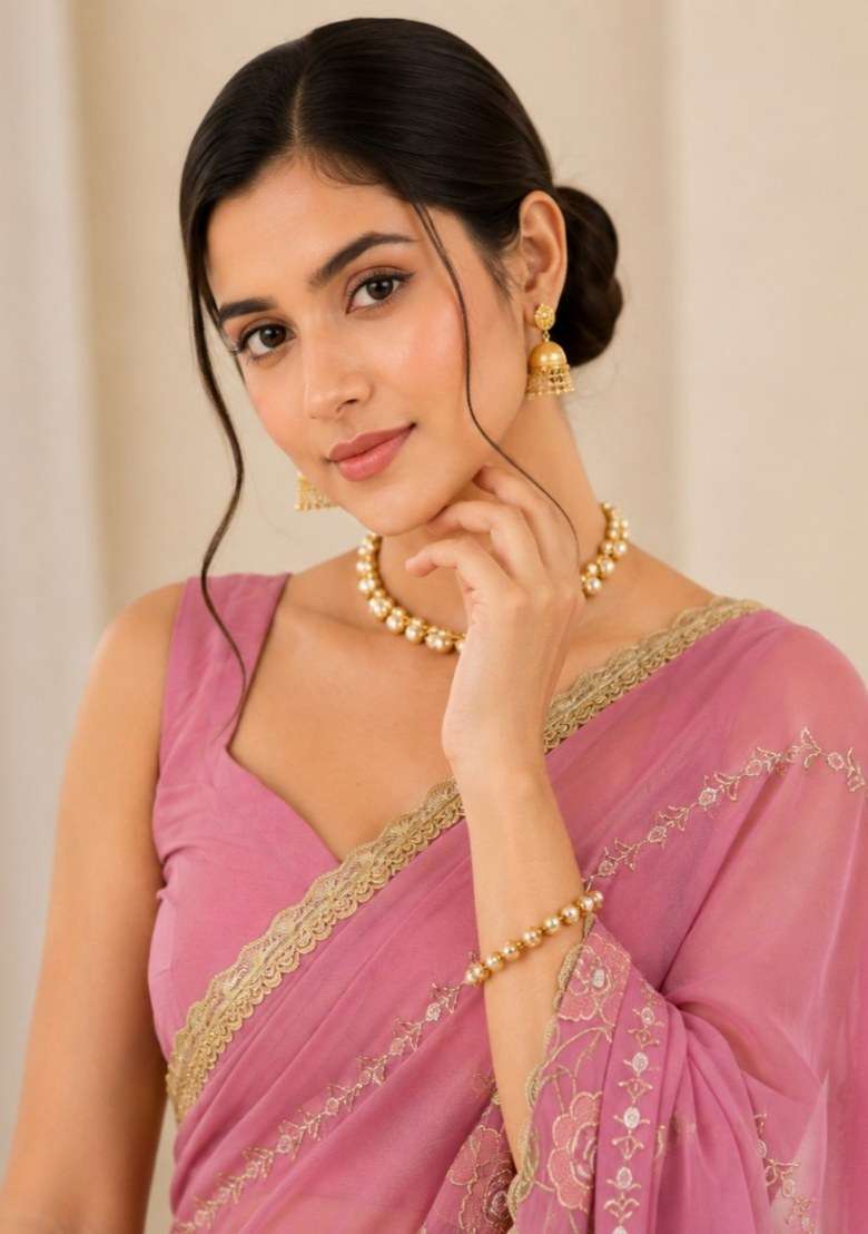 Teal Embroidered Georgette Saree Set for Diwali and Festive Wear - Indya
