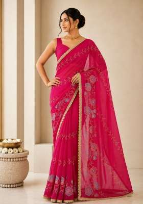 Rani Pink Embroidered Georgette Saree Set for Diwali and Festive Wear