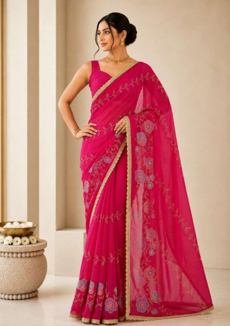 Rani Pink Embroidered Georgette Saree Set for Diwali and Festive Wear - Indya