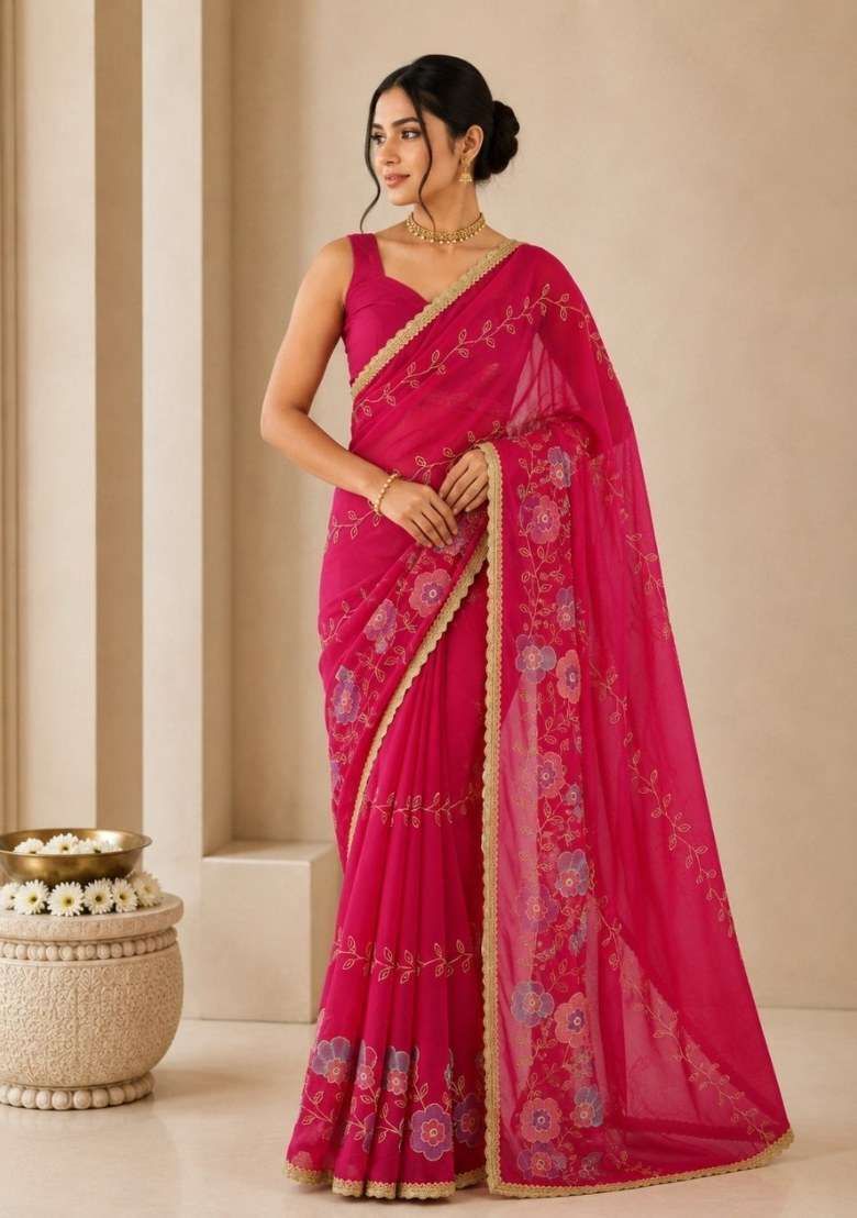 Rani Pink Embroidered Georgette Saree Set for Diwali and Festive Wear - Indya