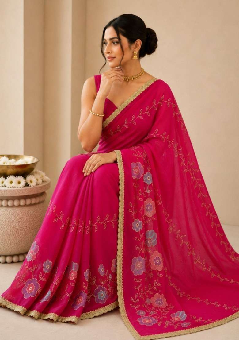Rani Pink Embroidered Georgette Saree Set for Diwali and Festive Wear - Indya