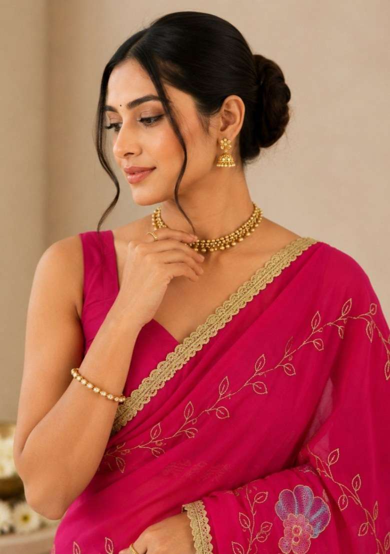Rani Pink Embroidered Georgette Saree Set for Diwali and Festive Wear - Indya