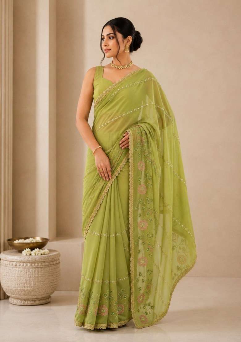 Green Georgette Saree Set with Embroidered for Diwali | Wedding & Festive Wear - Indya