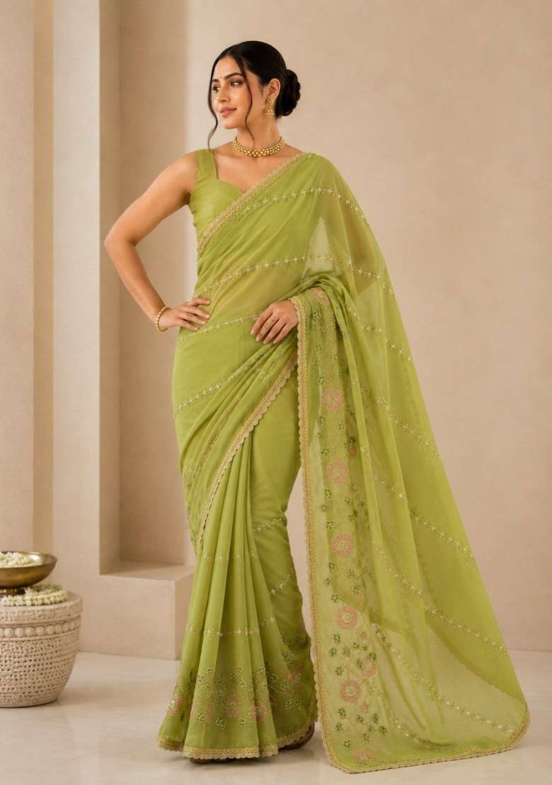 Green Georgette Saree Set with Embroidered for Diwali | Wedding & Festive Wear - Indya