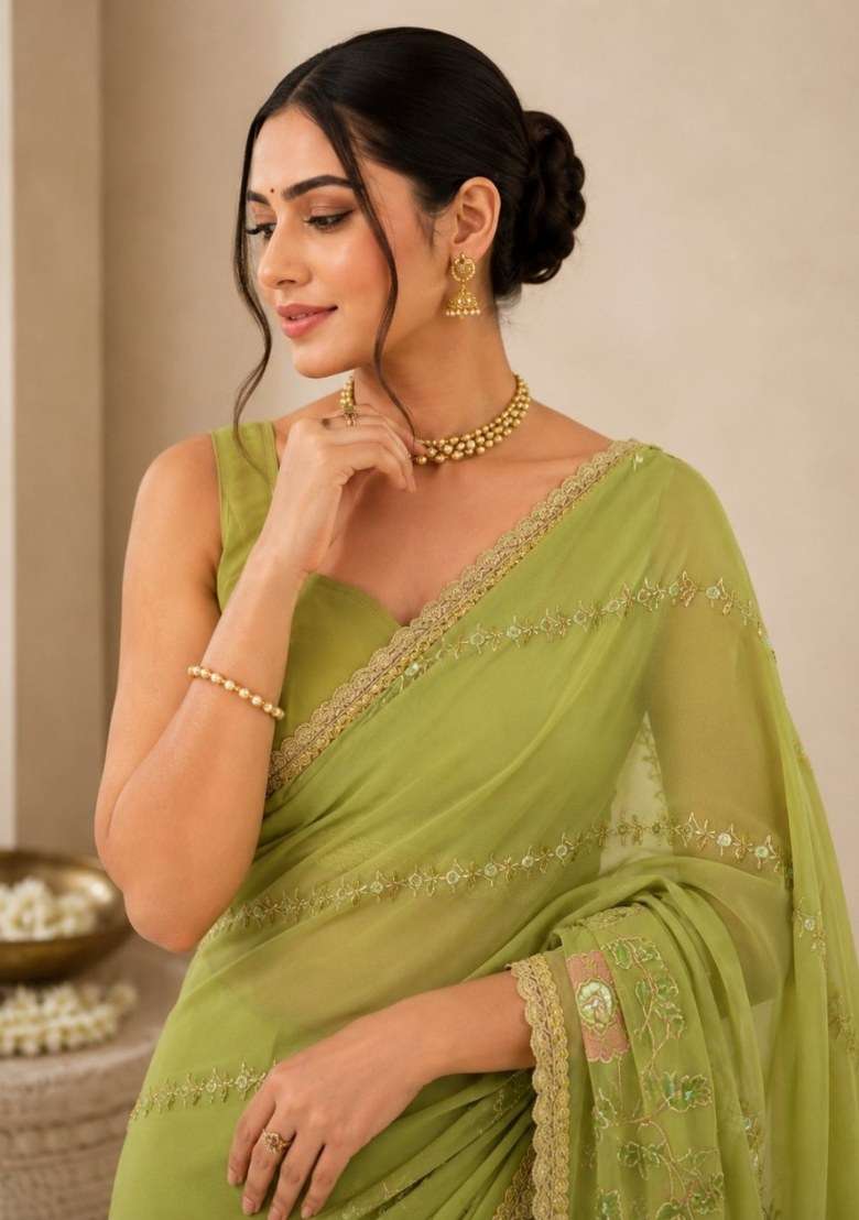 Green Georgette Saree Set with Embroidered for Diwali | Wedding & Festive Wear - Indya