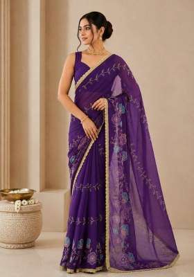 Purple Georgette Saree Set with Embroidered for Diwali | Wedding & Festive Wear
