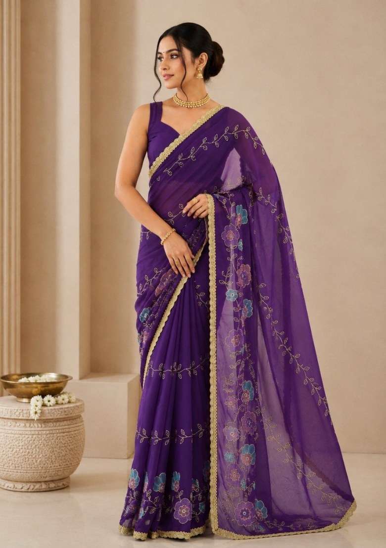 Purple Georgette Saree Set with Embroidered for Diwali | Wedding & Festive Wear - Indya