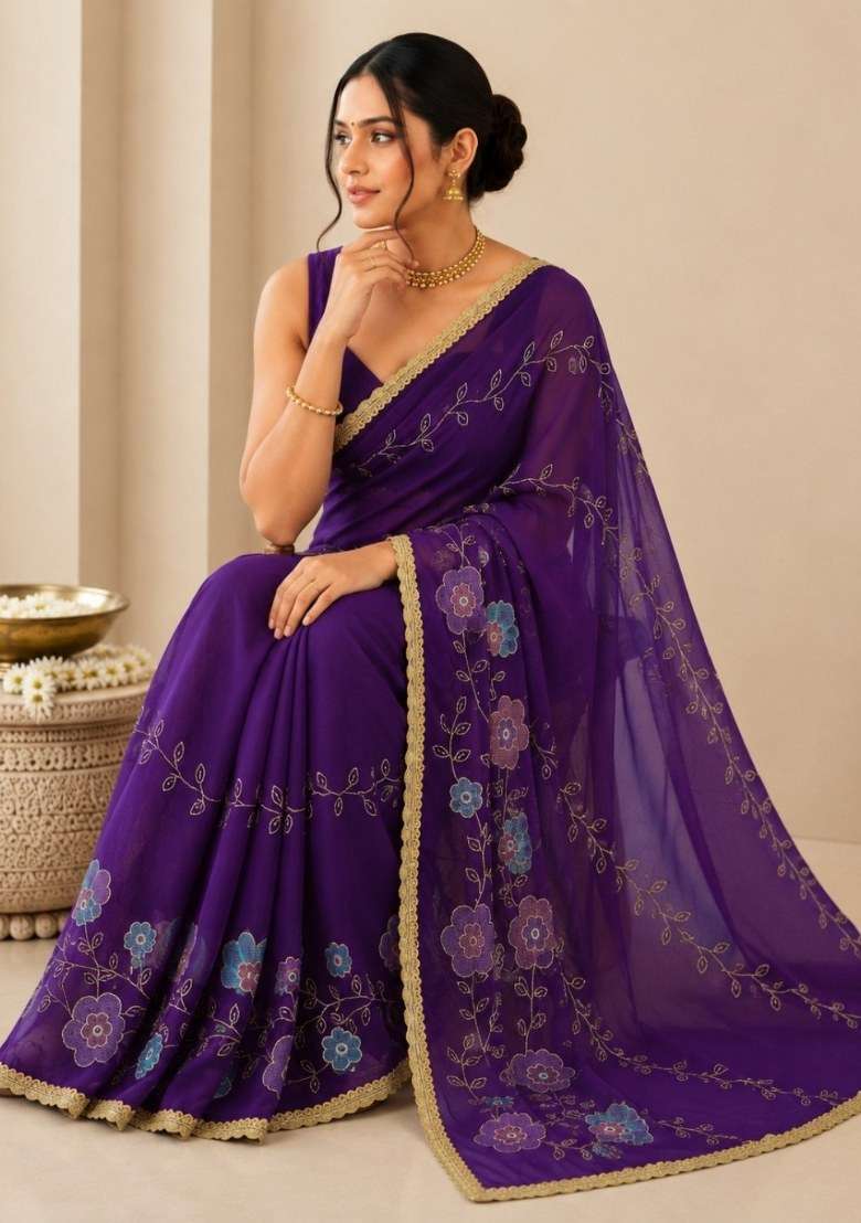 Purple Georgette Saree Set with Embroidered for Diwali | Wedding & Festive Wear - Indya
