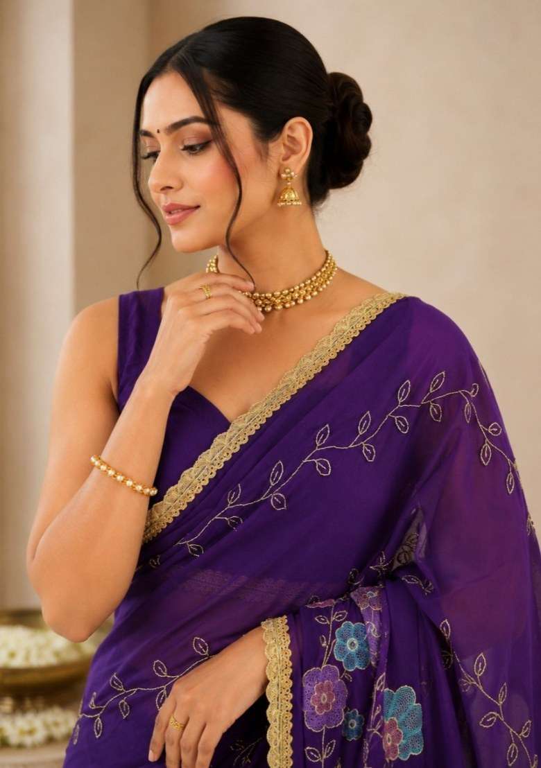 Purple Georgette Saree Set with Embroidered for Diwali | Wedding & Festive Wear - Indya